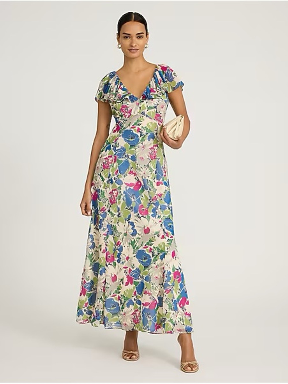 Express Floral Chiffon V-Neck Flutter Sleeve Maxi Dress size medium